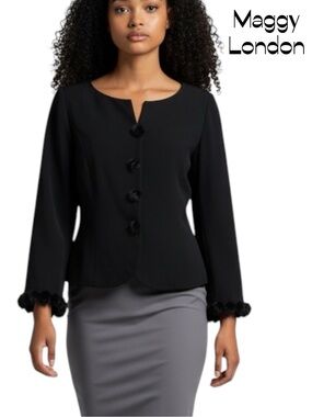 Maggy London Black Faux-Fur PomPom Trim Jacket NWOT MobWife Glam Size 10